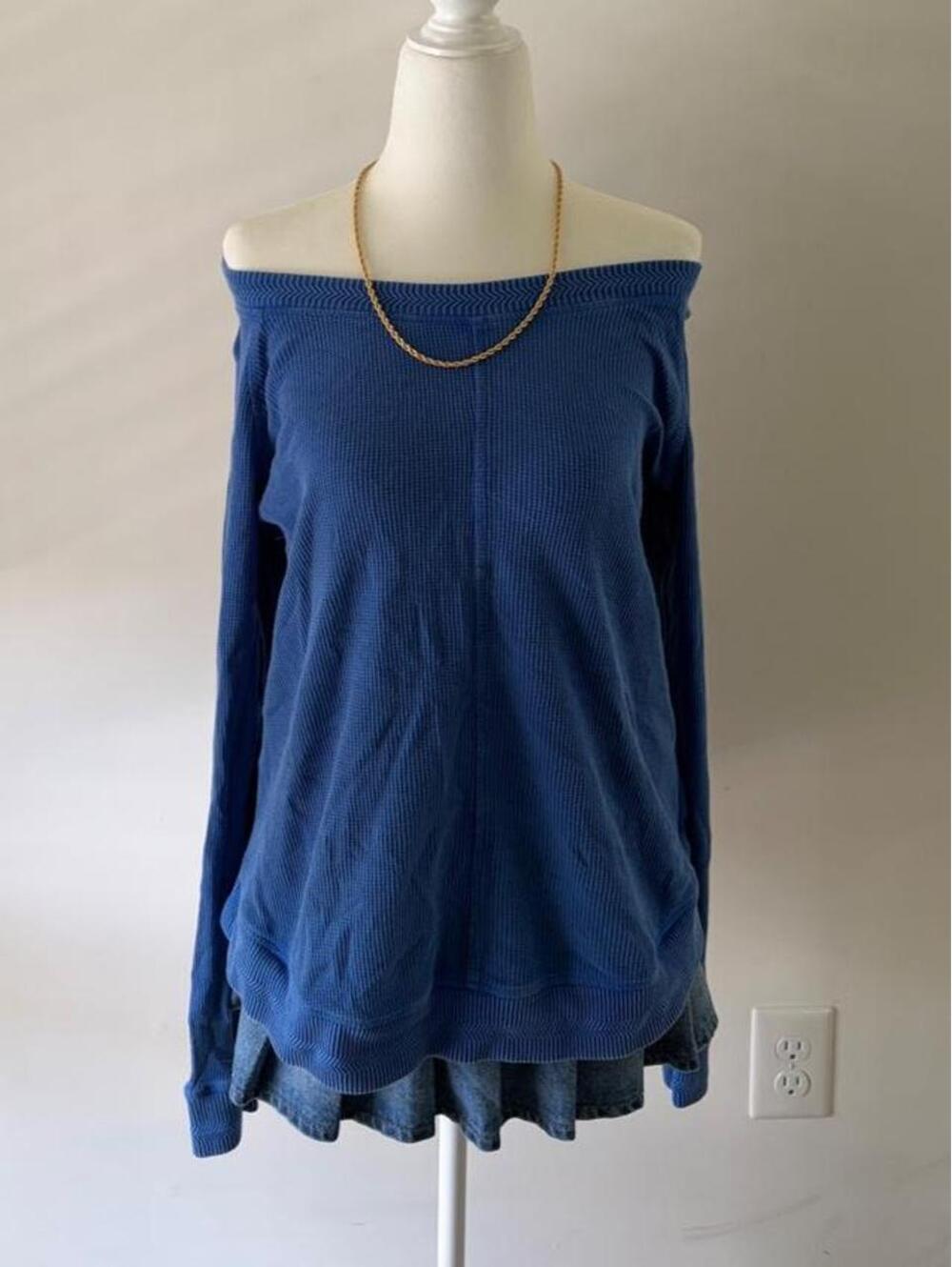 Cobalt Blue Off-Shoulder Thermal Top Soft Girl Slouchy Long Sleeve Waffle Knit